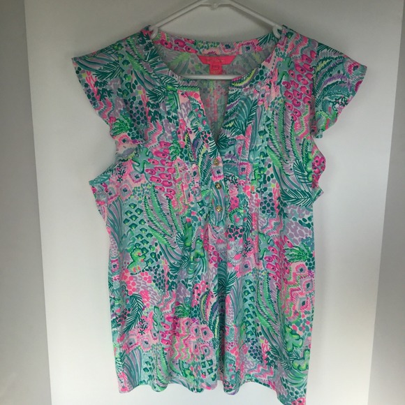 Lilly Pulitzer Golda Top Women's Size‎ S Multi Banana Split Pintucked Printed - Picture 1 of 6